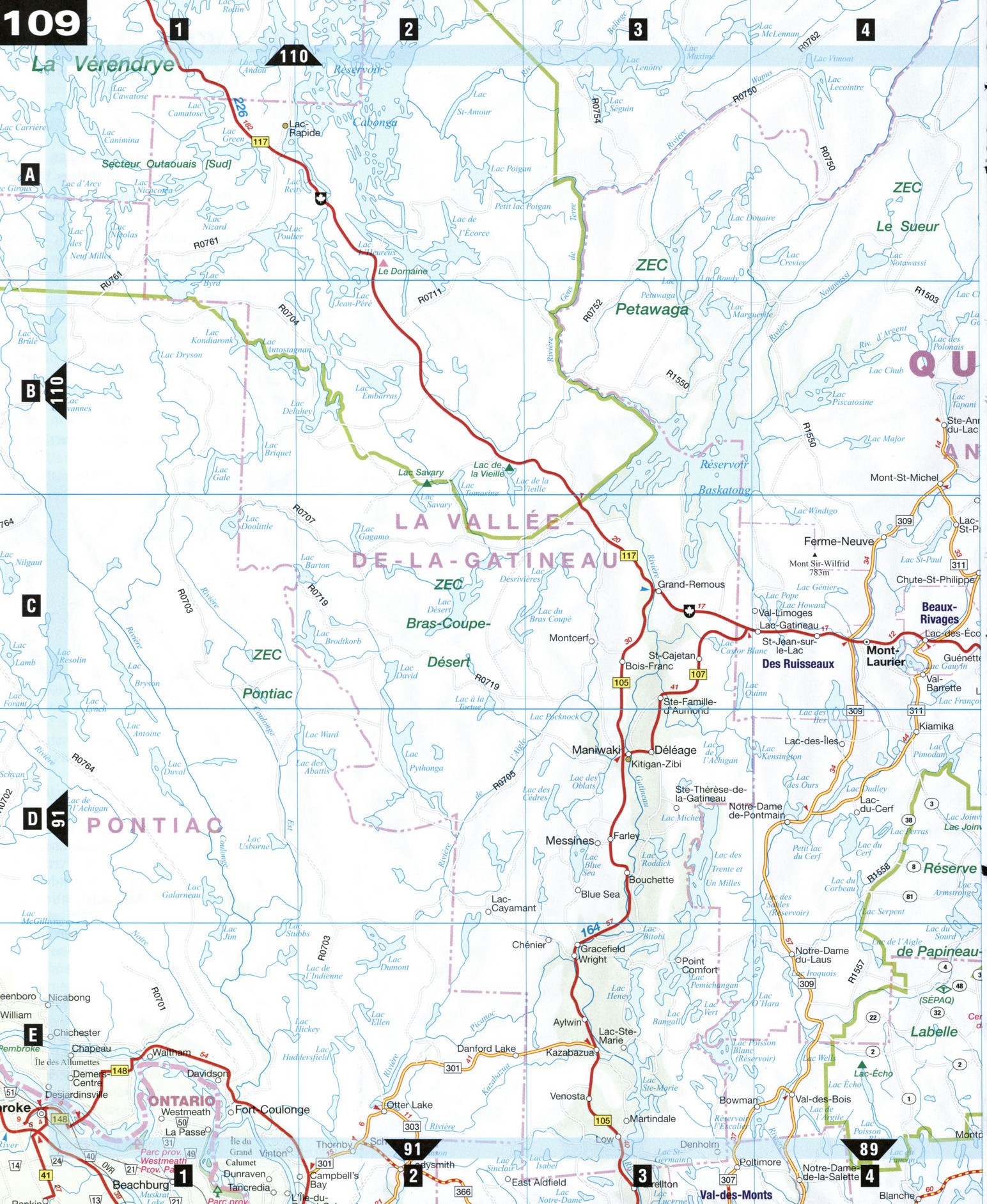 map of the highway and local roads of Upper Laurentians