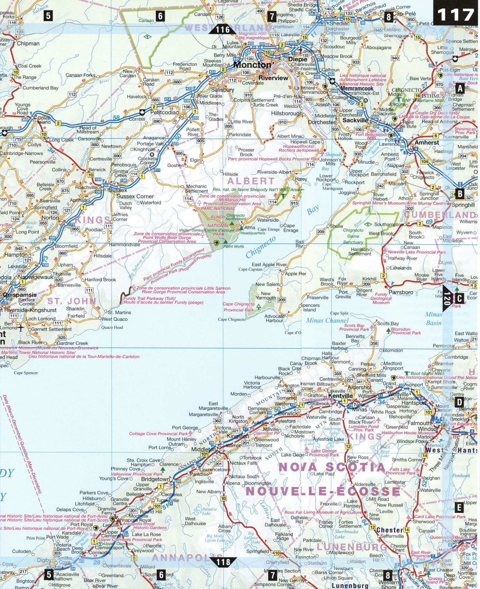 Detailed map of the highway and local roads of Southern New Brunswick