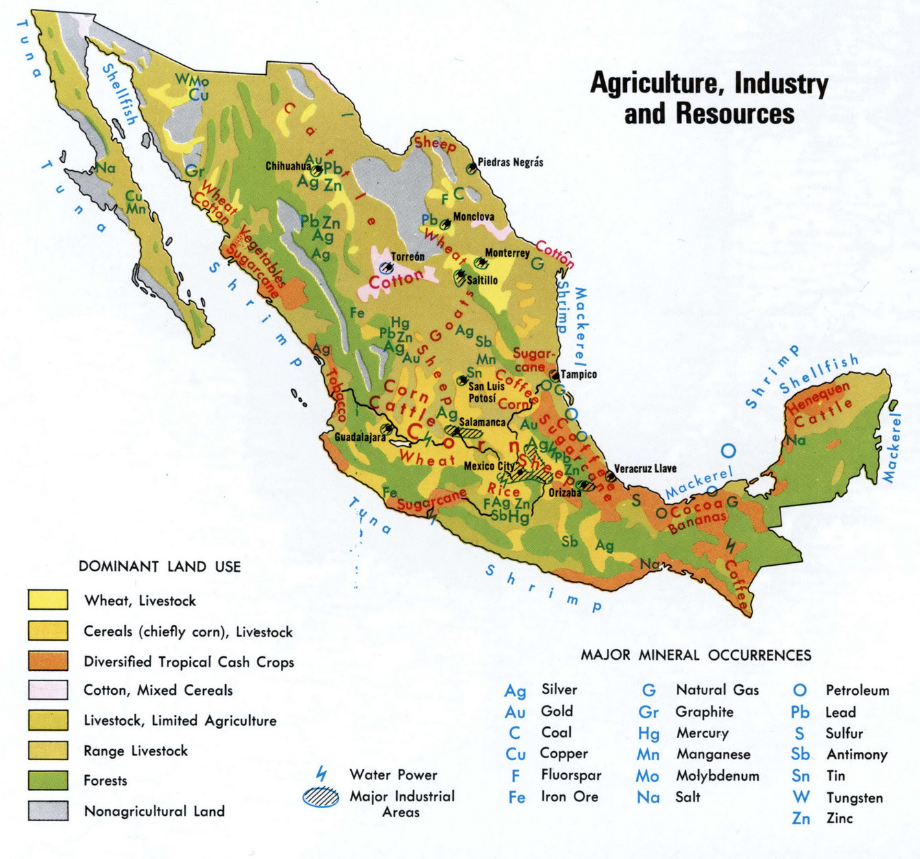 Map of agriculture, industry and resources of Mexico large detailed free