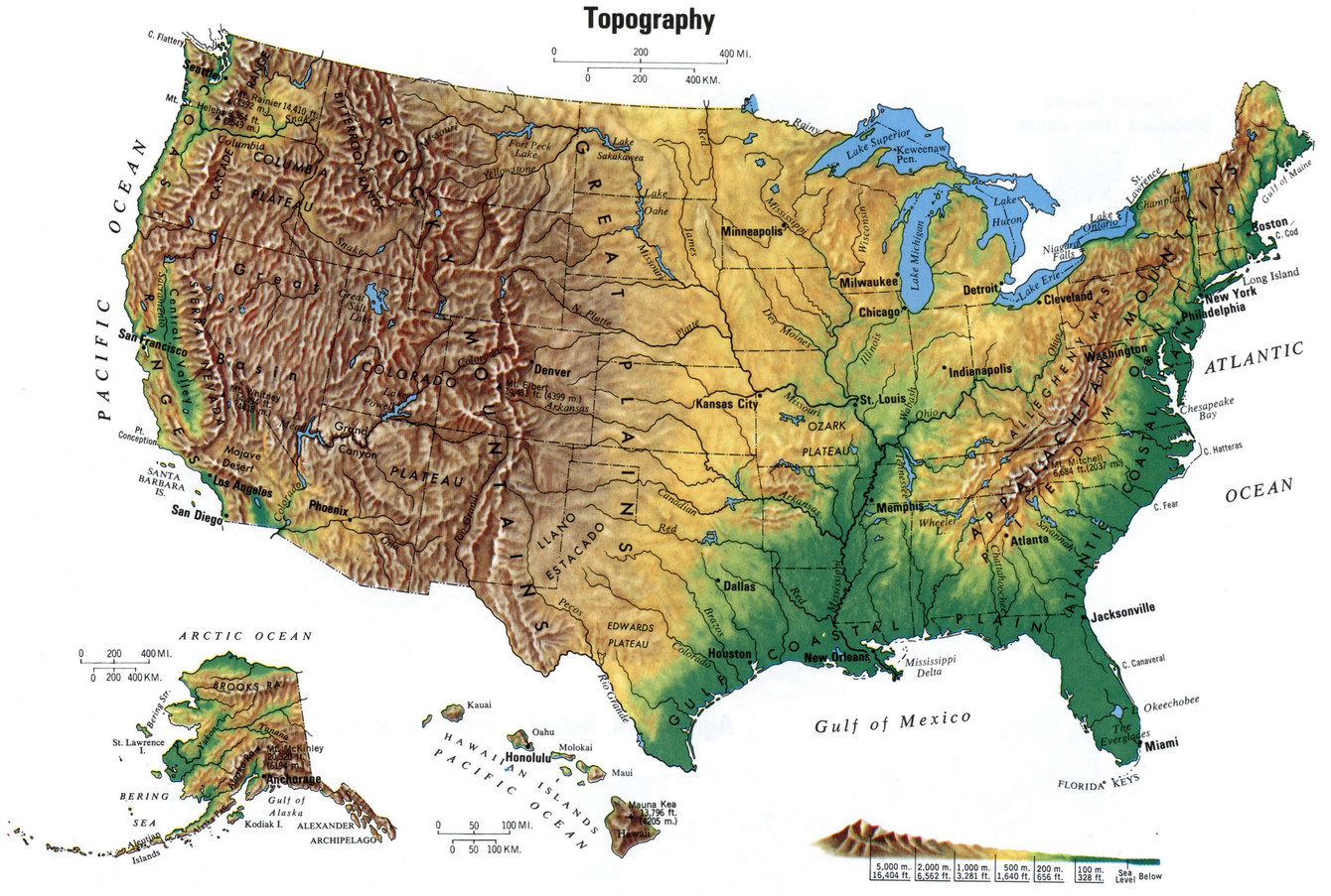 Detailed topographical map of USA