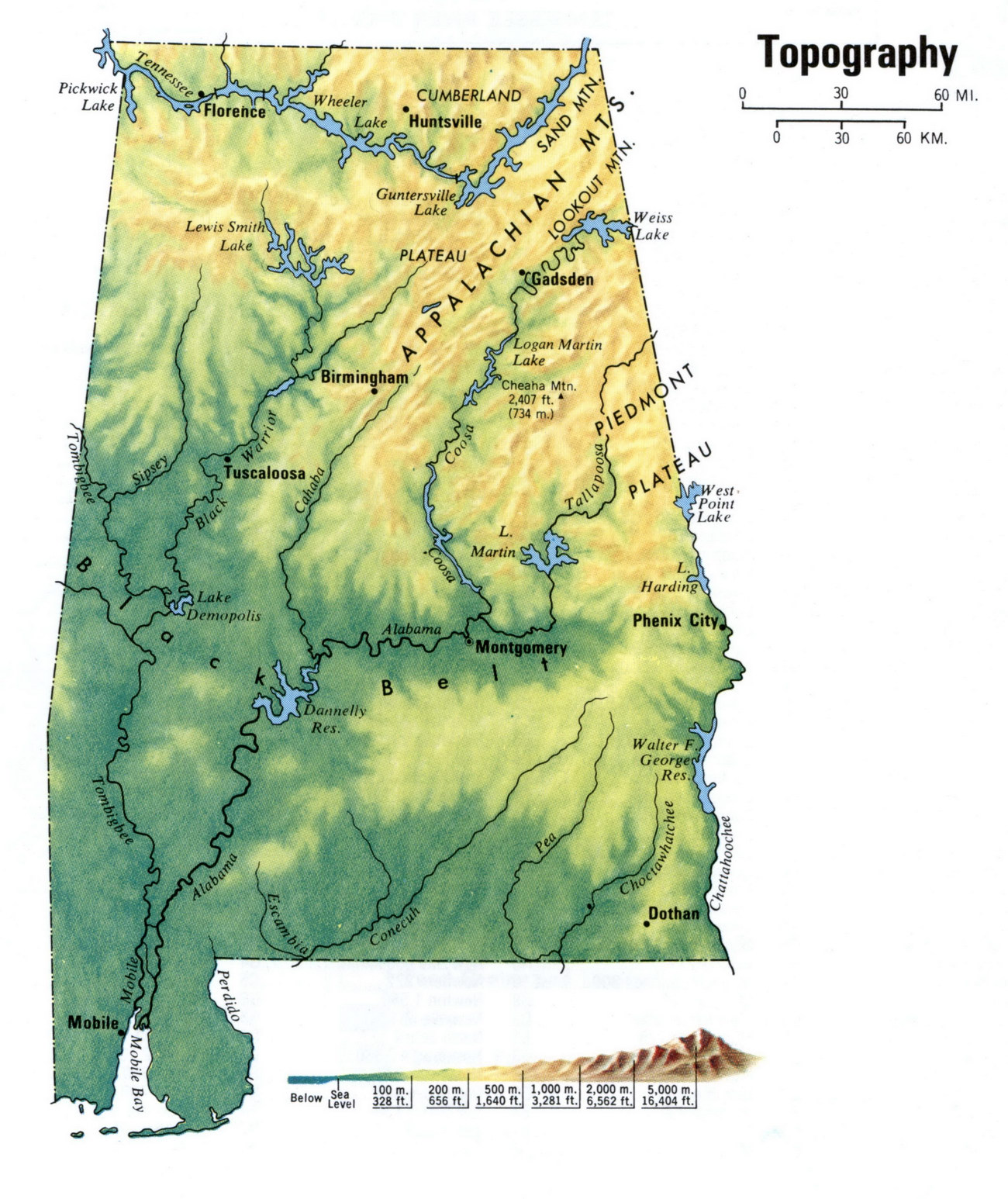Detailed large scale topographic map of Alabama state