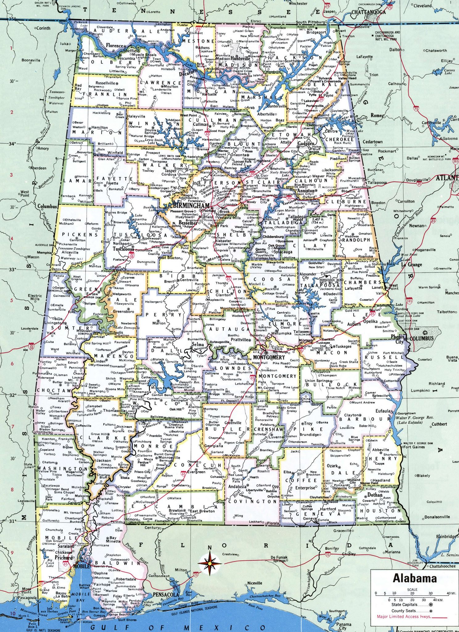 Detailed map of Alabama state with counties border