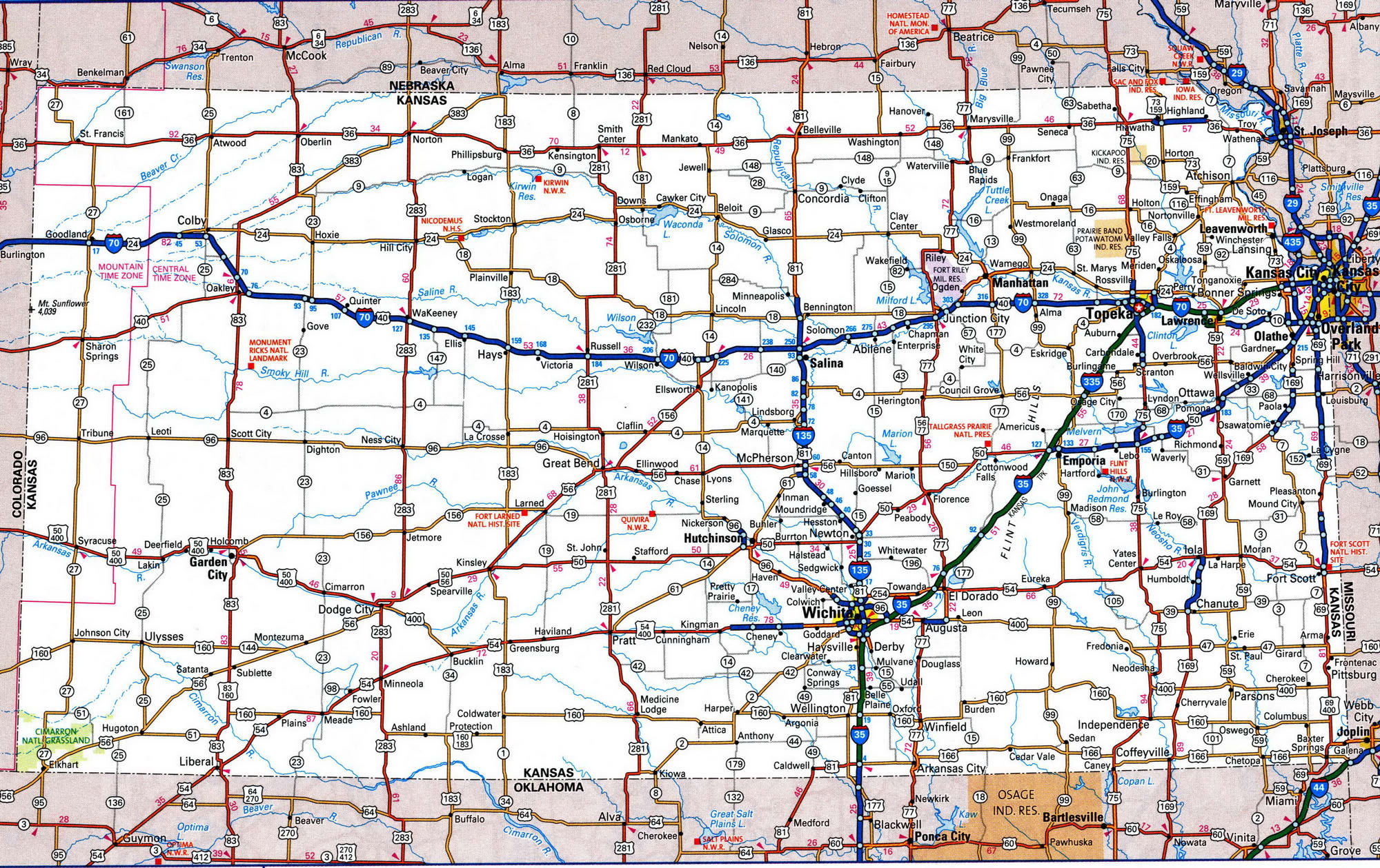 Detailed roads map of Kansas
