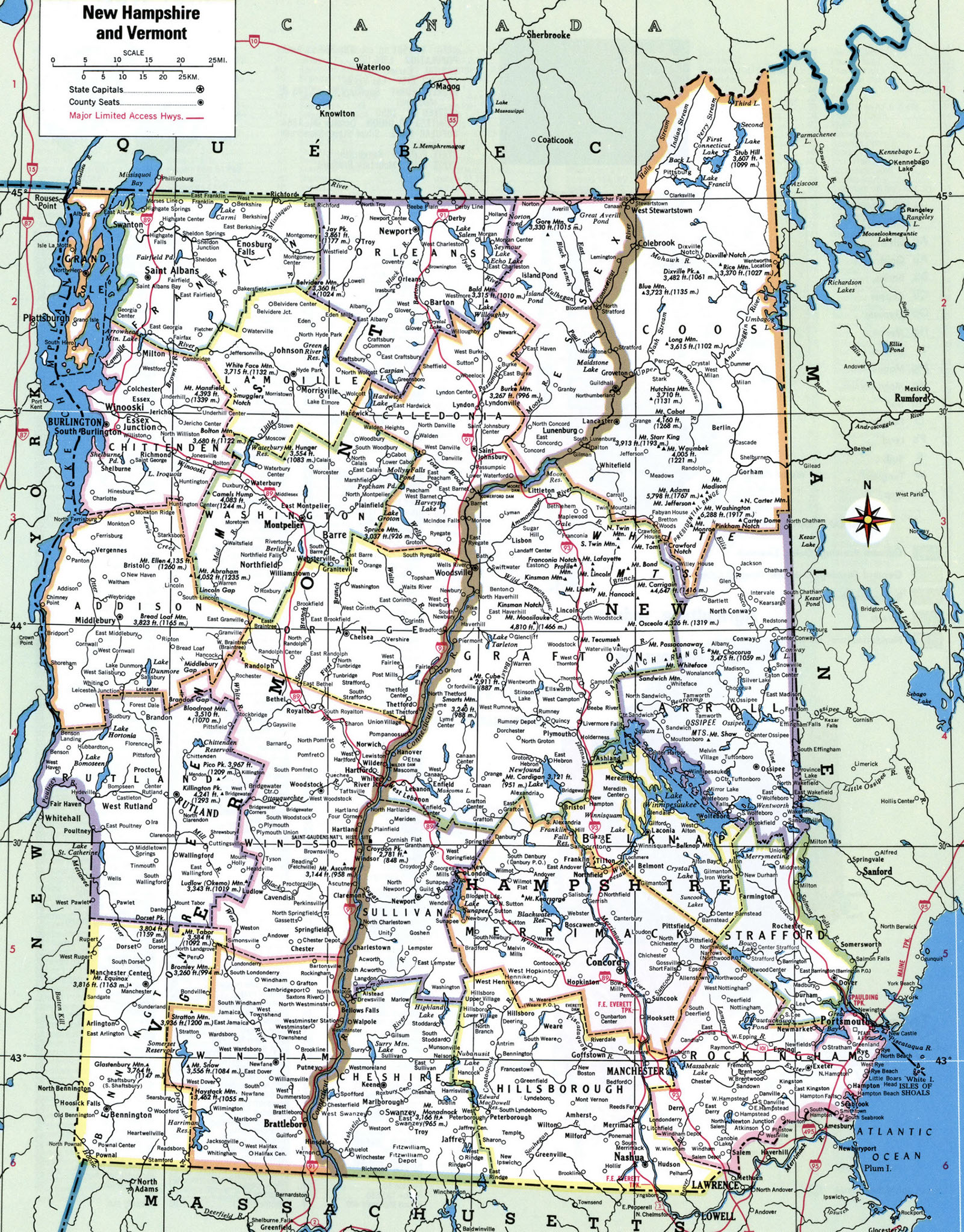 New Hampshire state counties map with cities towns roads highway