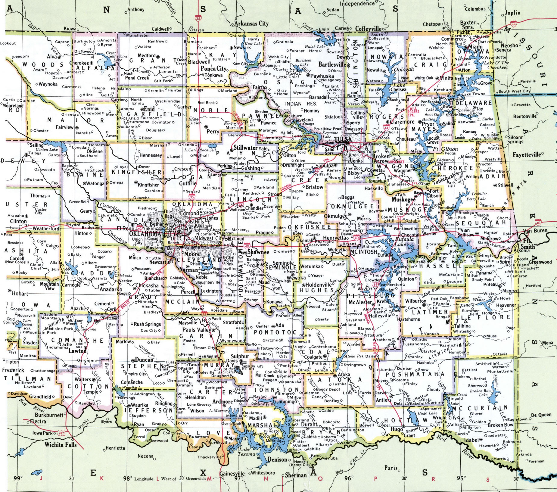 Oklahoma state county map with cities towns roads highway counties