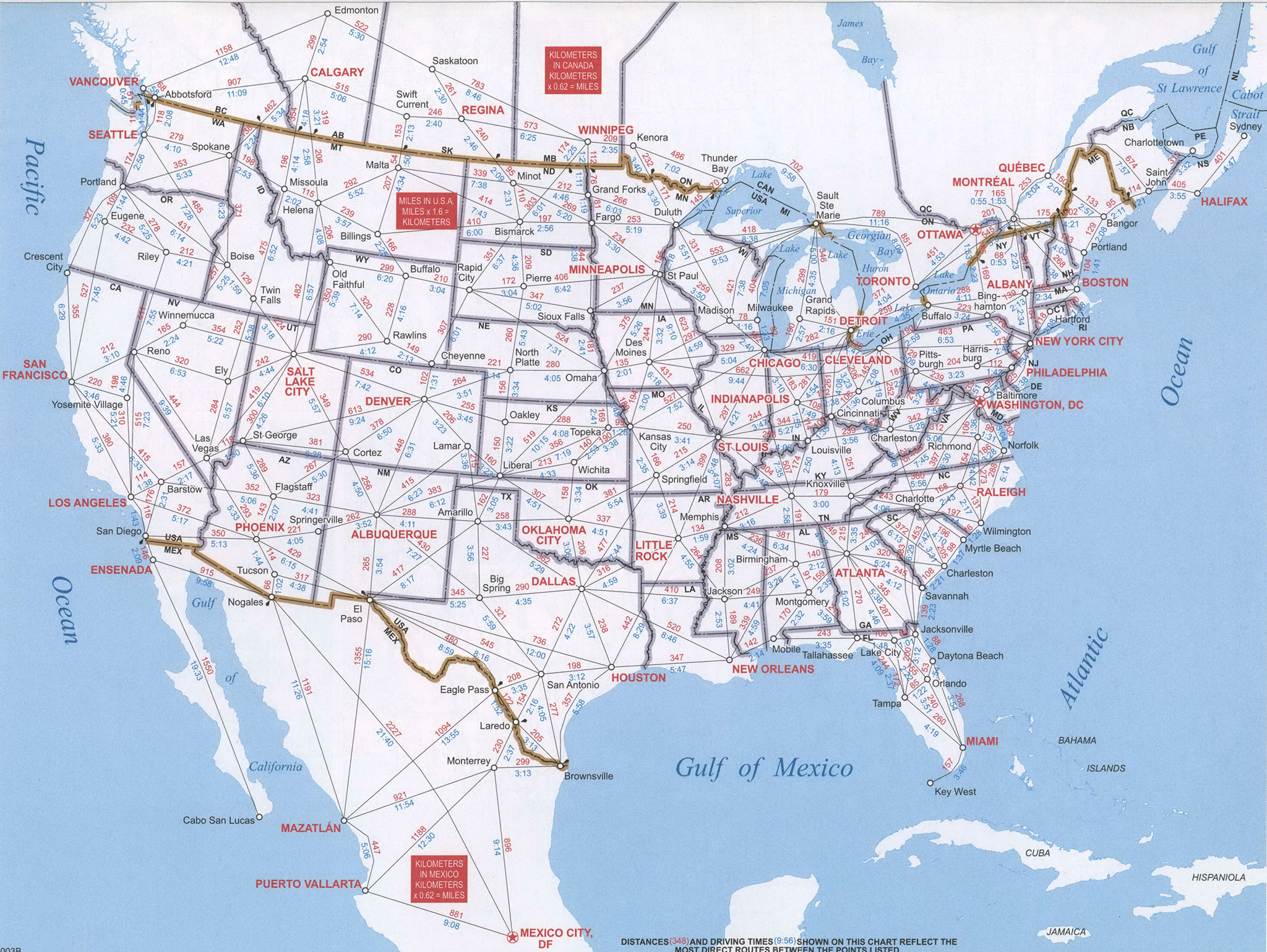Route map of USA with distance in miles