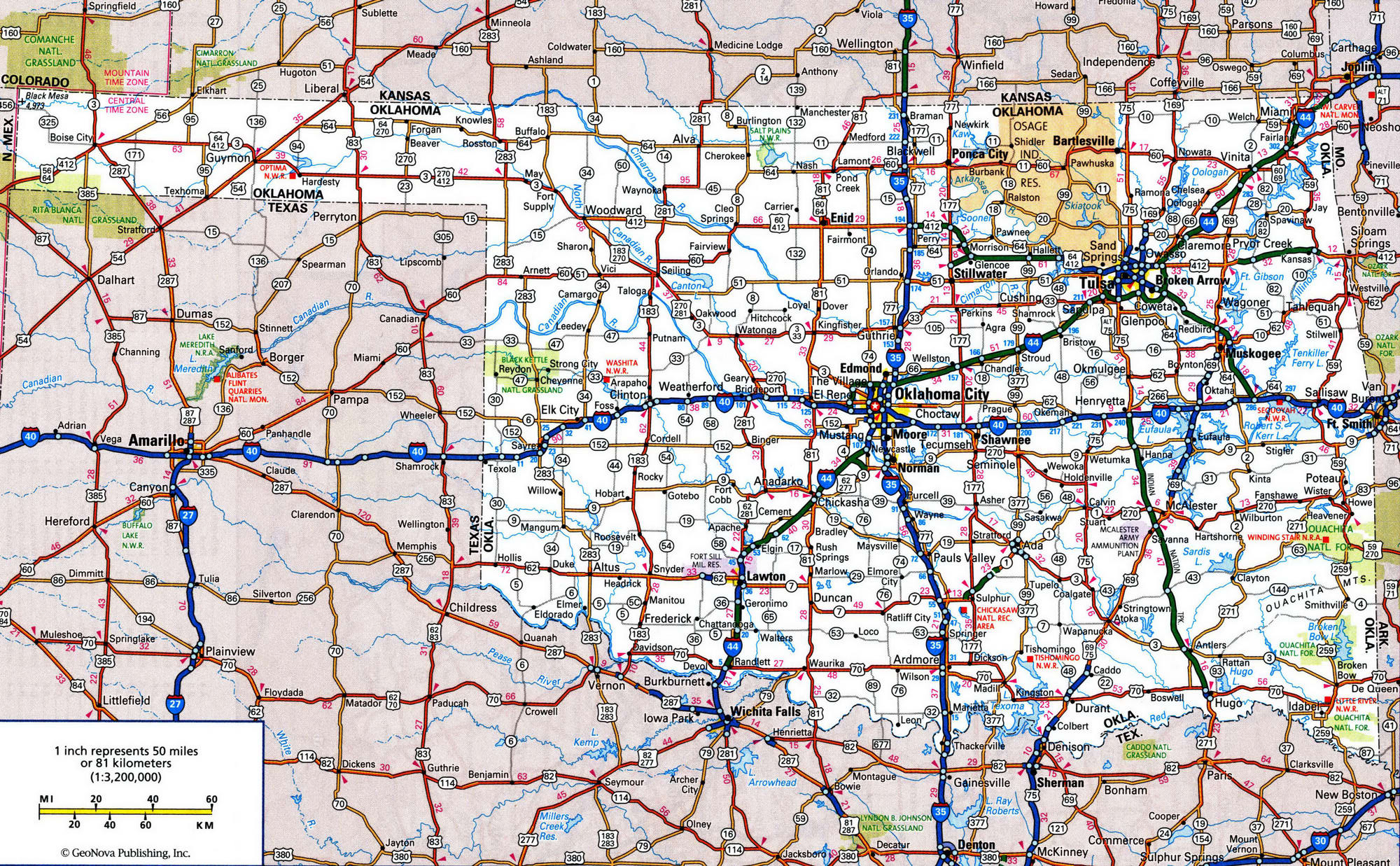 Detailed roads map of Oklahoma