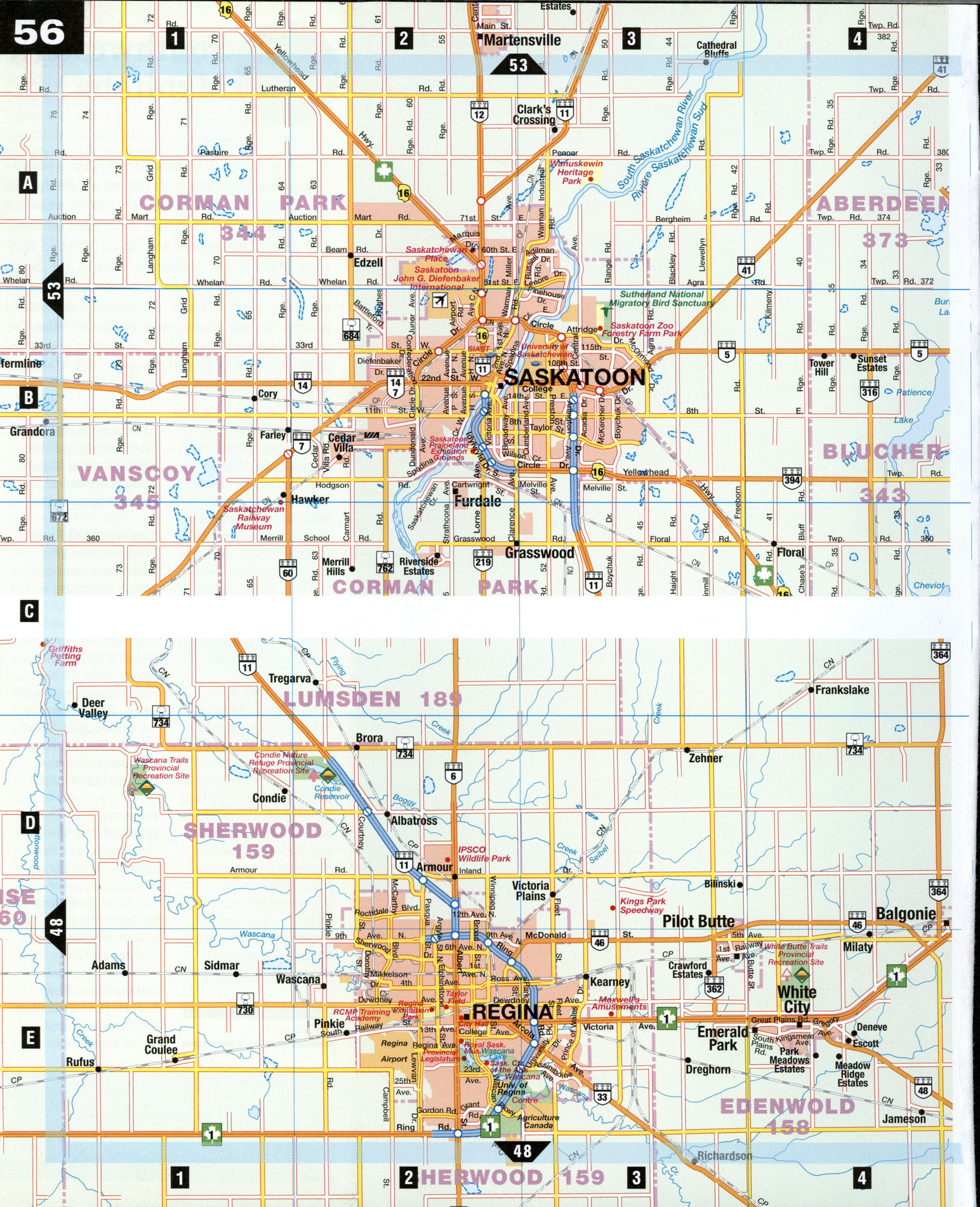 Road map of Regina and Saskatoon, province Manitoba, Canada