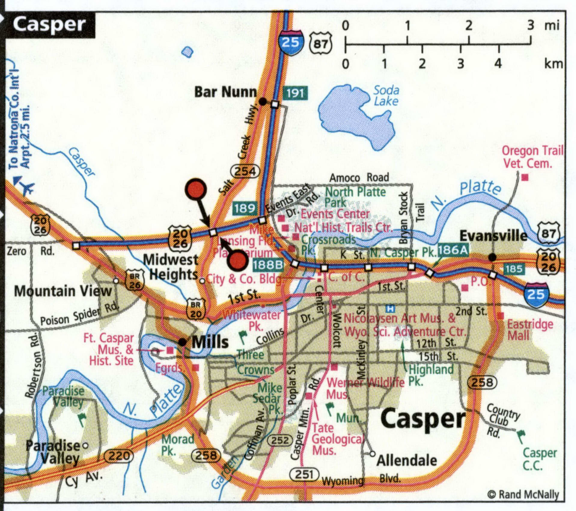 Casper City Road Map For Truck Drivers Toll And Free Highways Map Usa   116Casper 