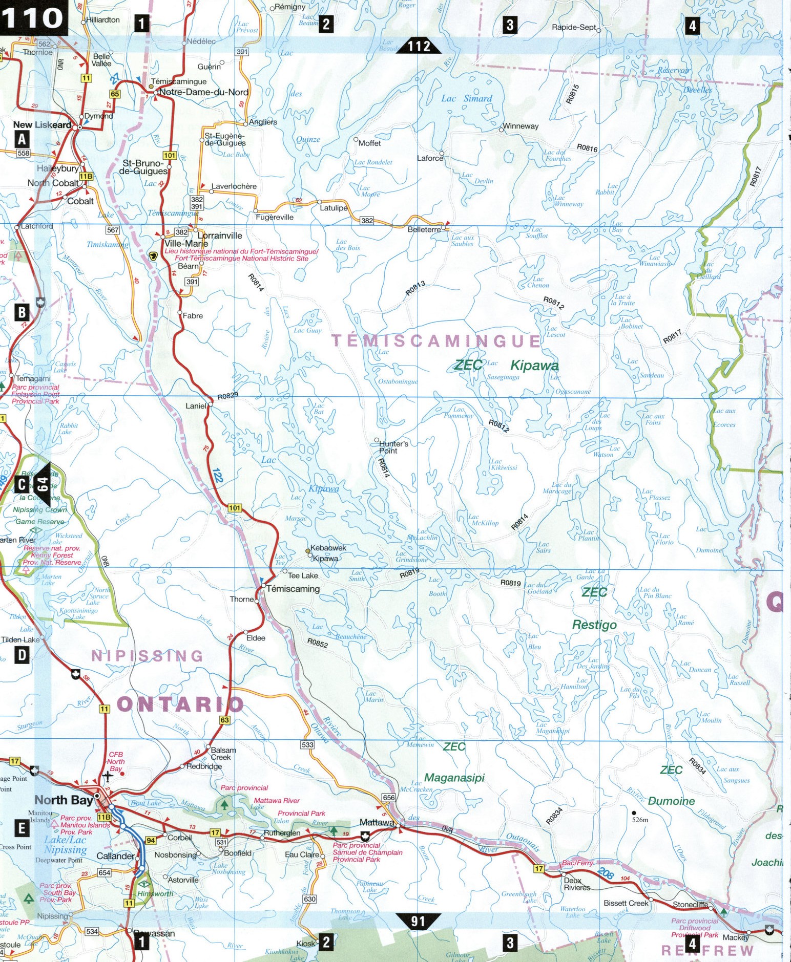 Map highway and local roads of Temiscamingue