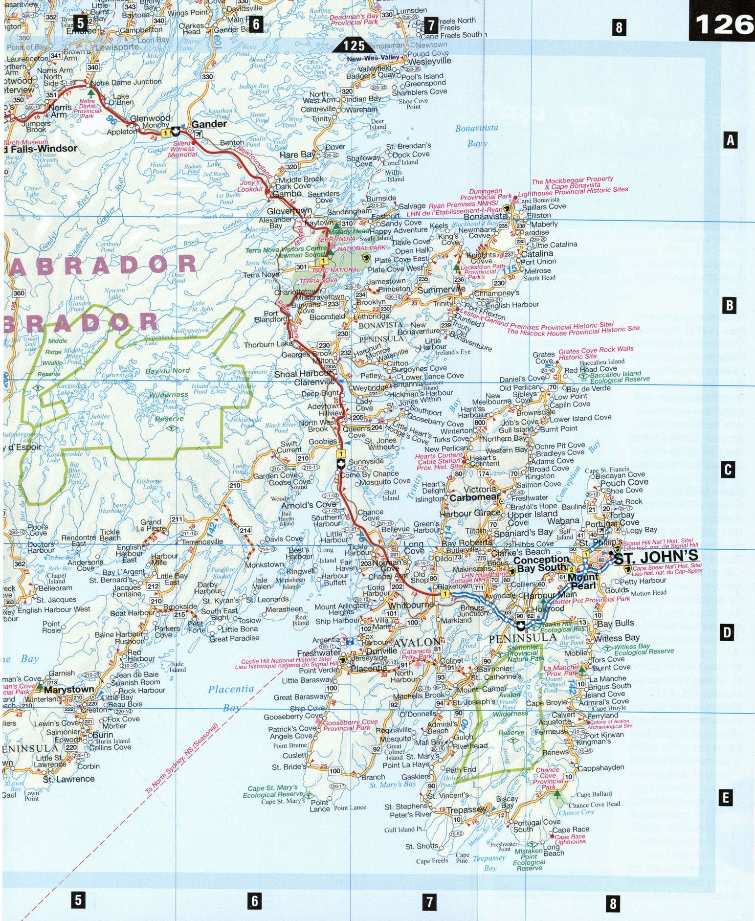Detailed road map of Southern Newfoundland