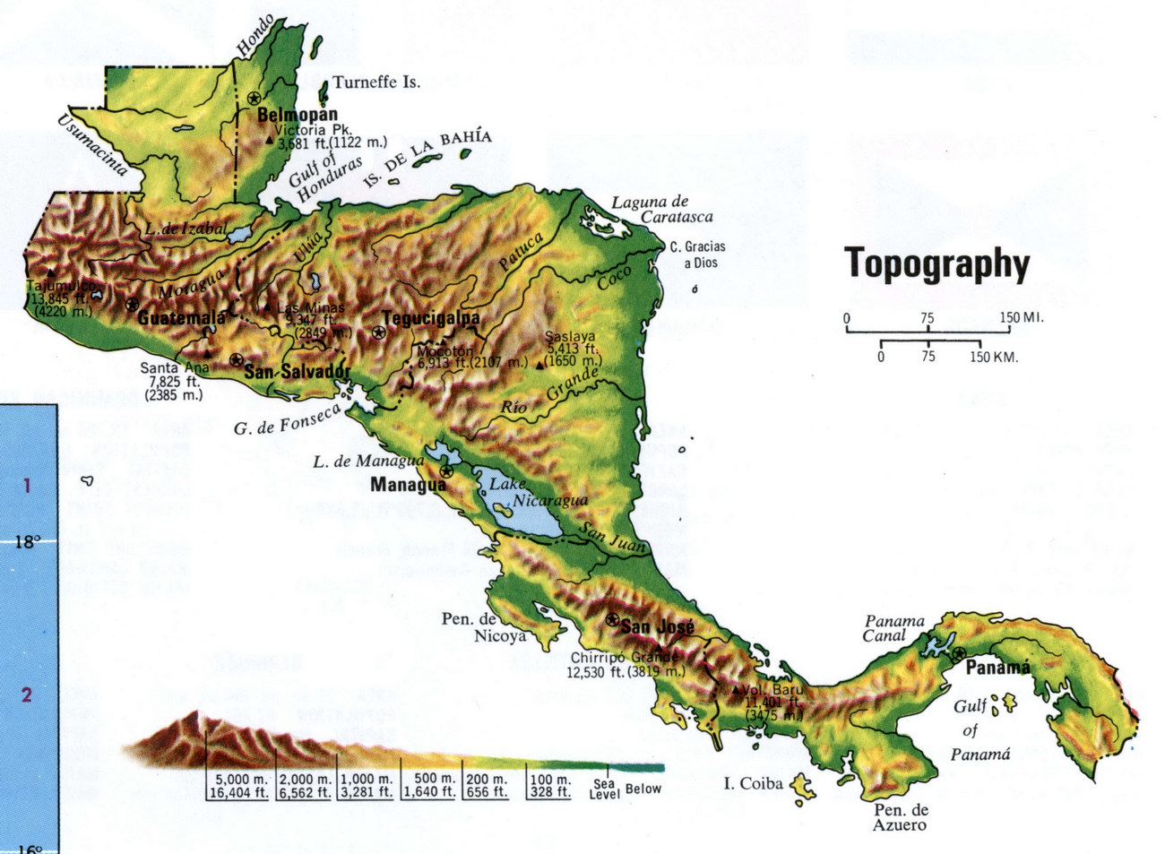 Topographical map of Central America