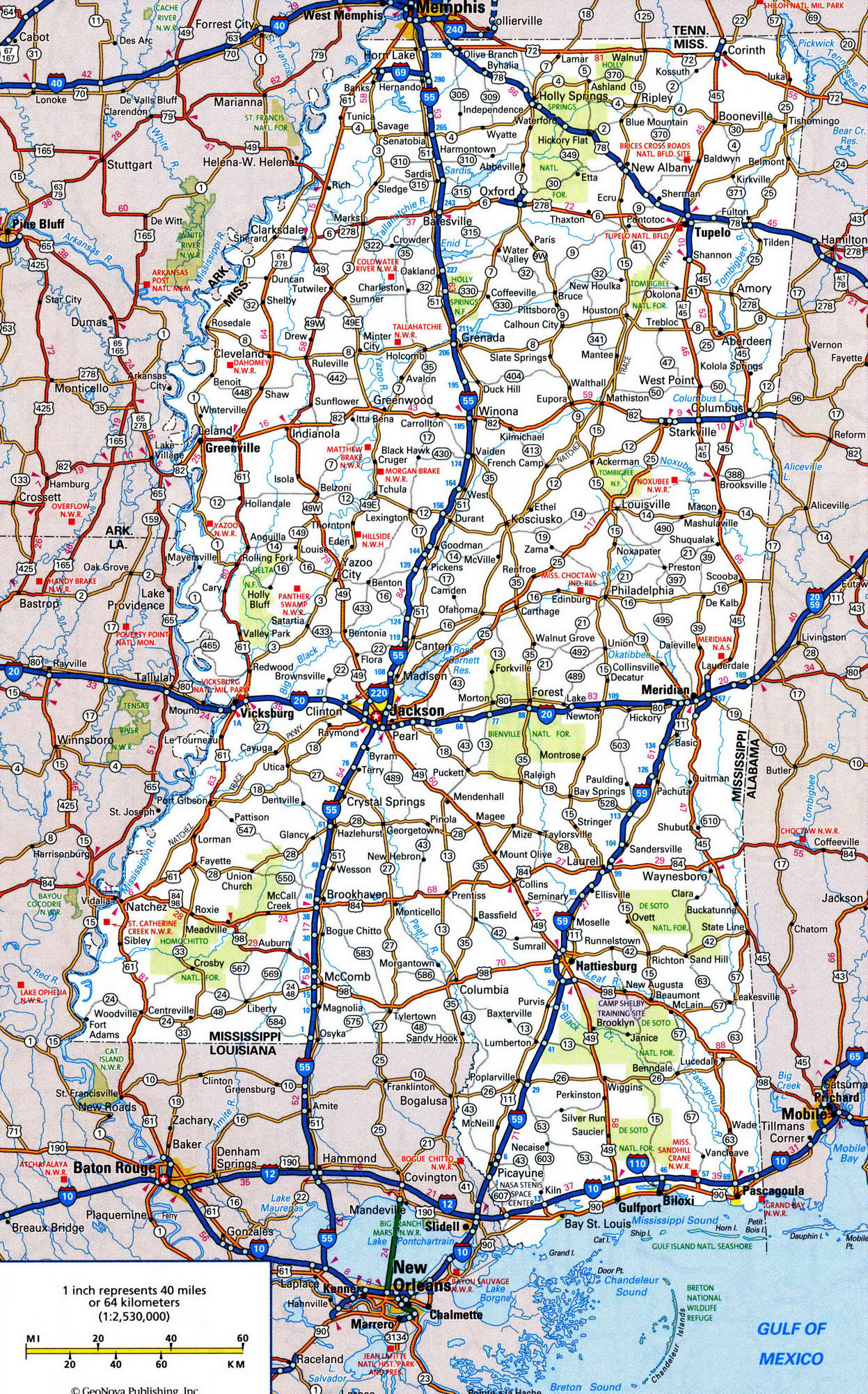 Detailed roads map of Mississippi