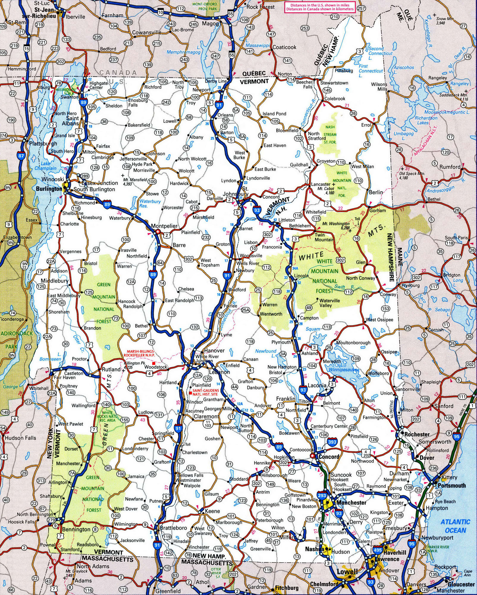 Detailed roads map of New Hampshire