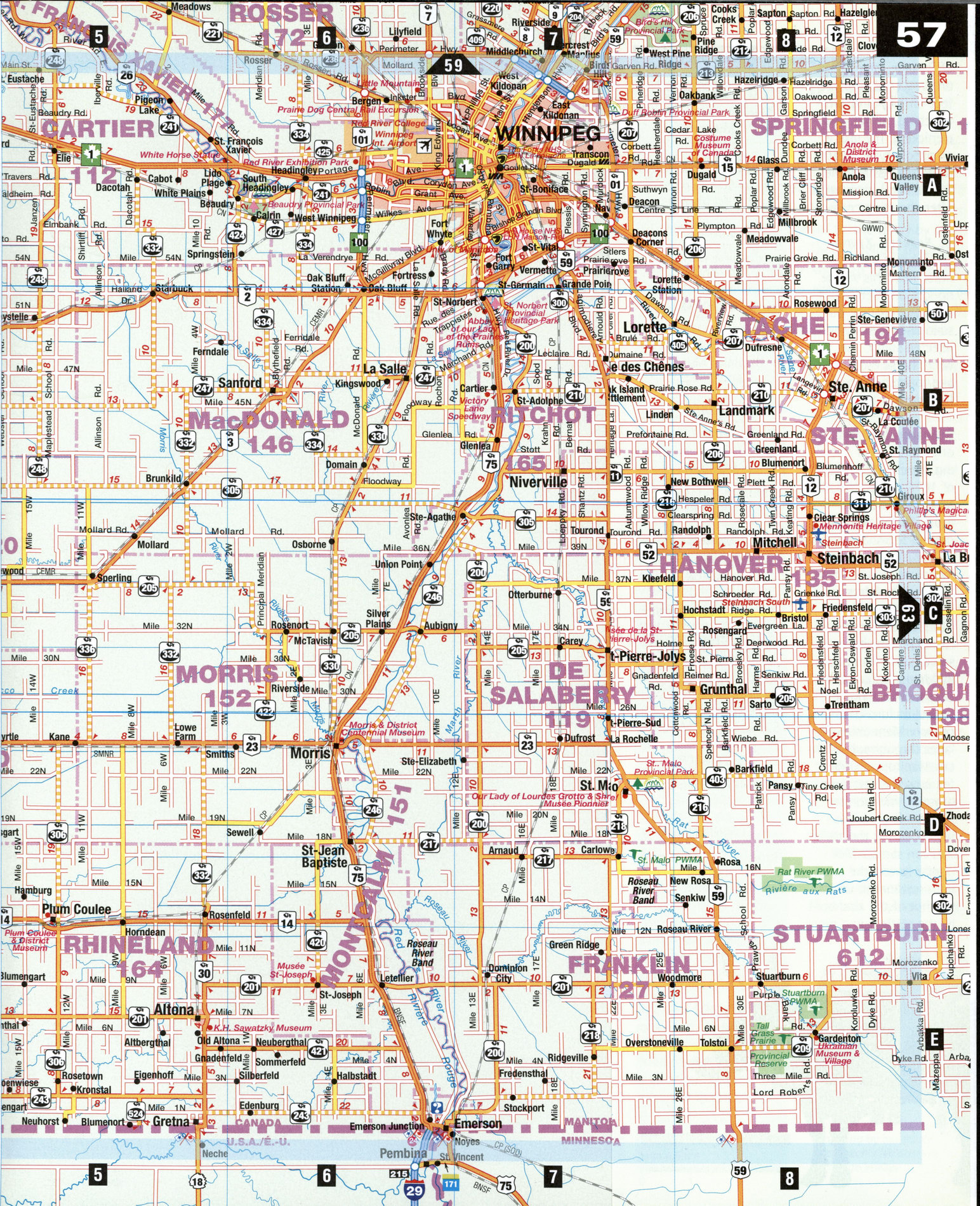 Road map Winnipeg city surrounding area (Manitoba, Canada) free large scale