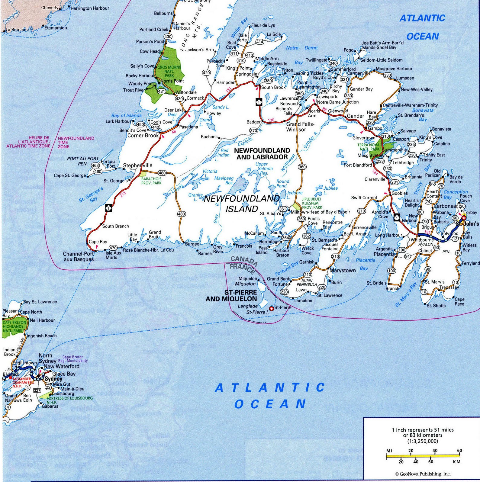 Map of Newfoundland Island with cities and roads
