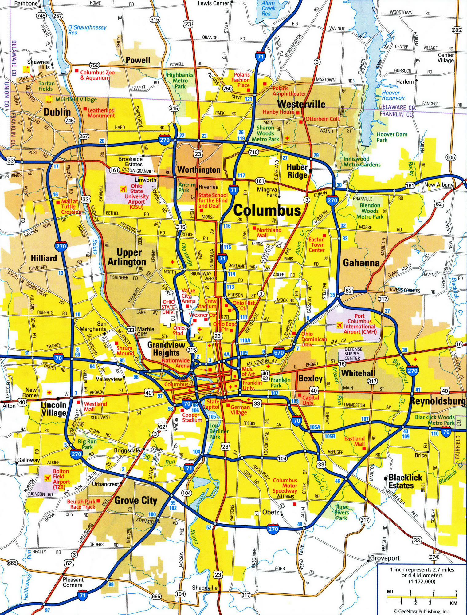 Detailed map of Columbus city